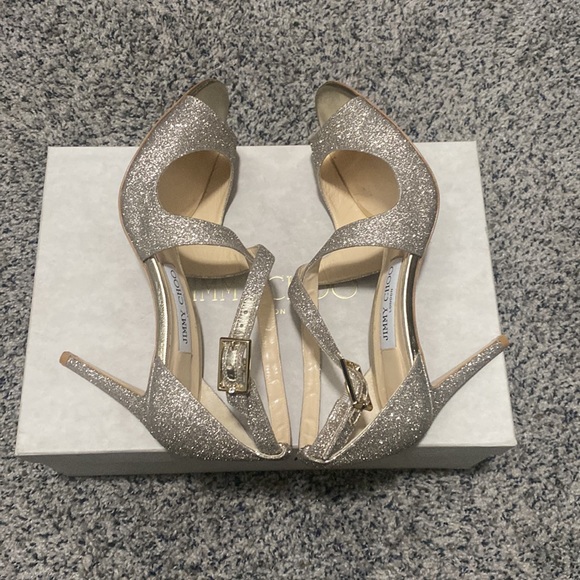 JIMMY CHOO Emily Glitter Crisscross 85mm Sandals, Gold - Picture 7 of 9